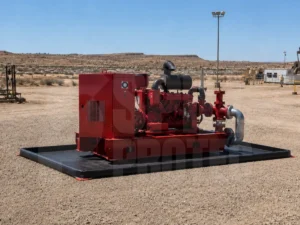 Batea robusta integral con maquinaria apoyada en ella conteniendo posibles fugas de liquidos