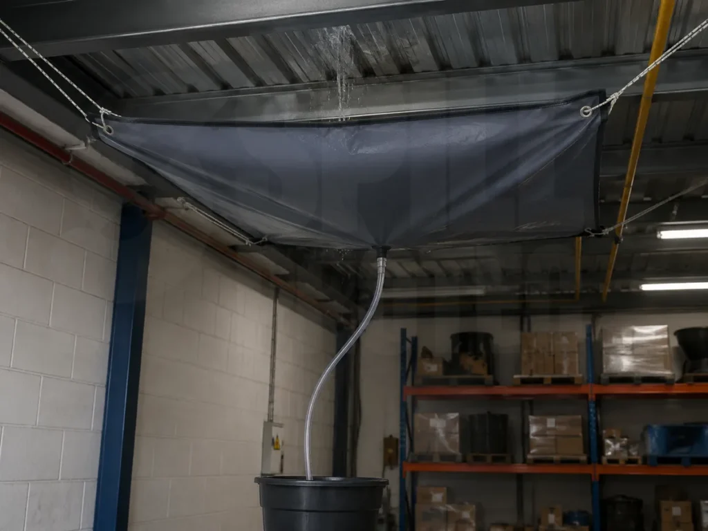 Desviador de fugas de techo en uso utilizado para contener derrames de posibles fugas del techo
