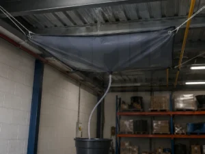 Desviador de fugas de techo en uso utilizado para contener derrames de posibles fugas del techo